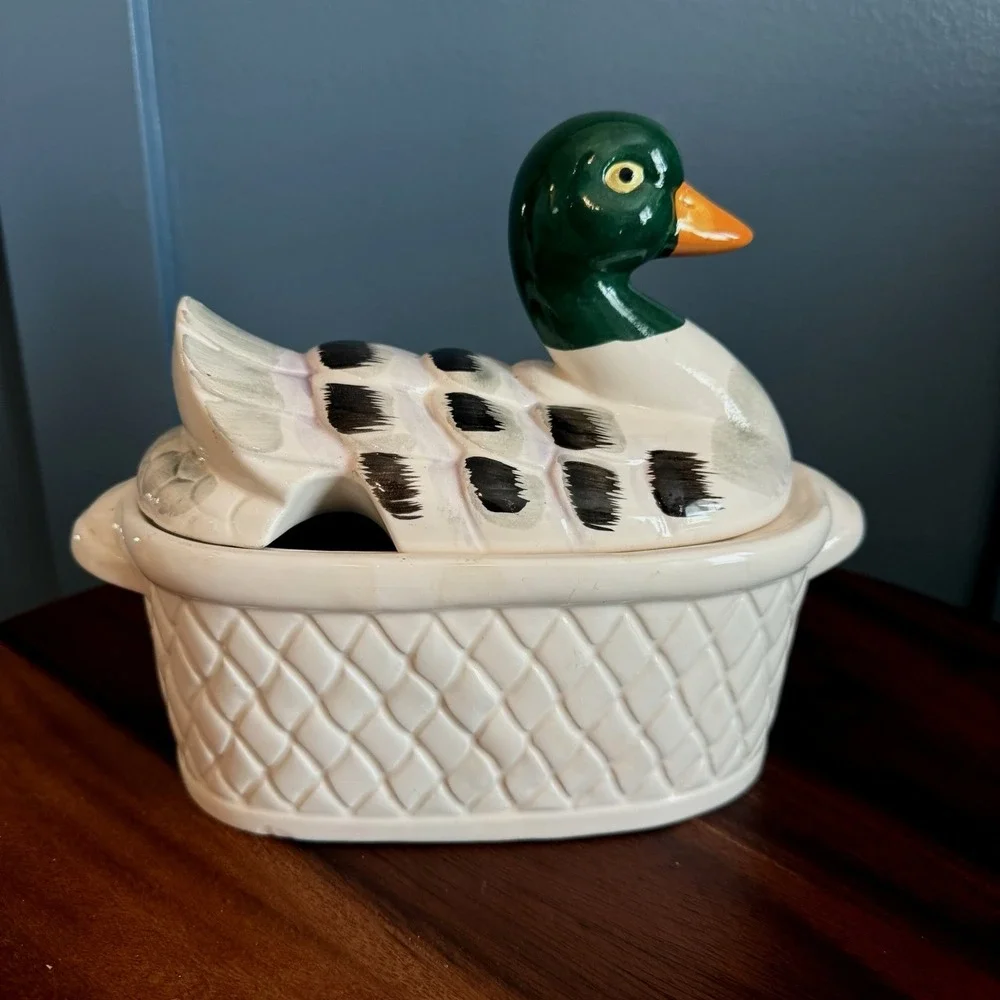 Vintage Duck on a Basket Tureen Ceramic Mallard Cottagecore Farmhouse Japan